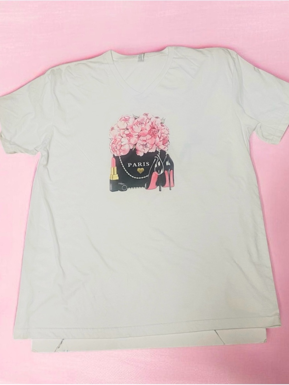 White V-neck Tee with Paris Bouquet & Pink Heels Graphic Mother’s Day tee